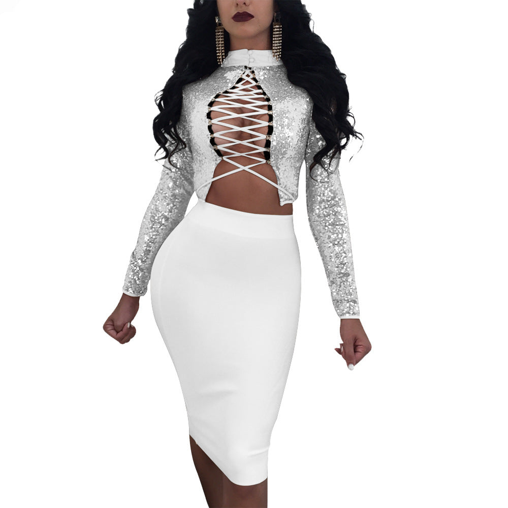 Sequins High Neck Lace Up Crop Top with Bodycon Knee-length Skirt Dress Set