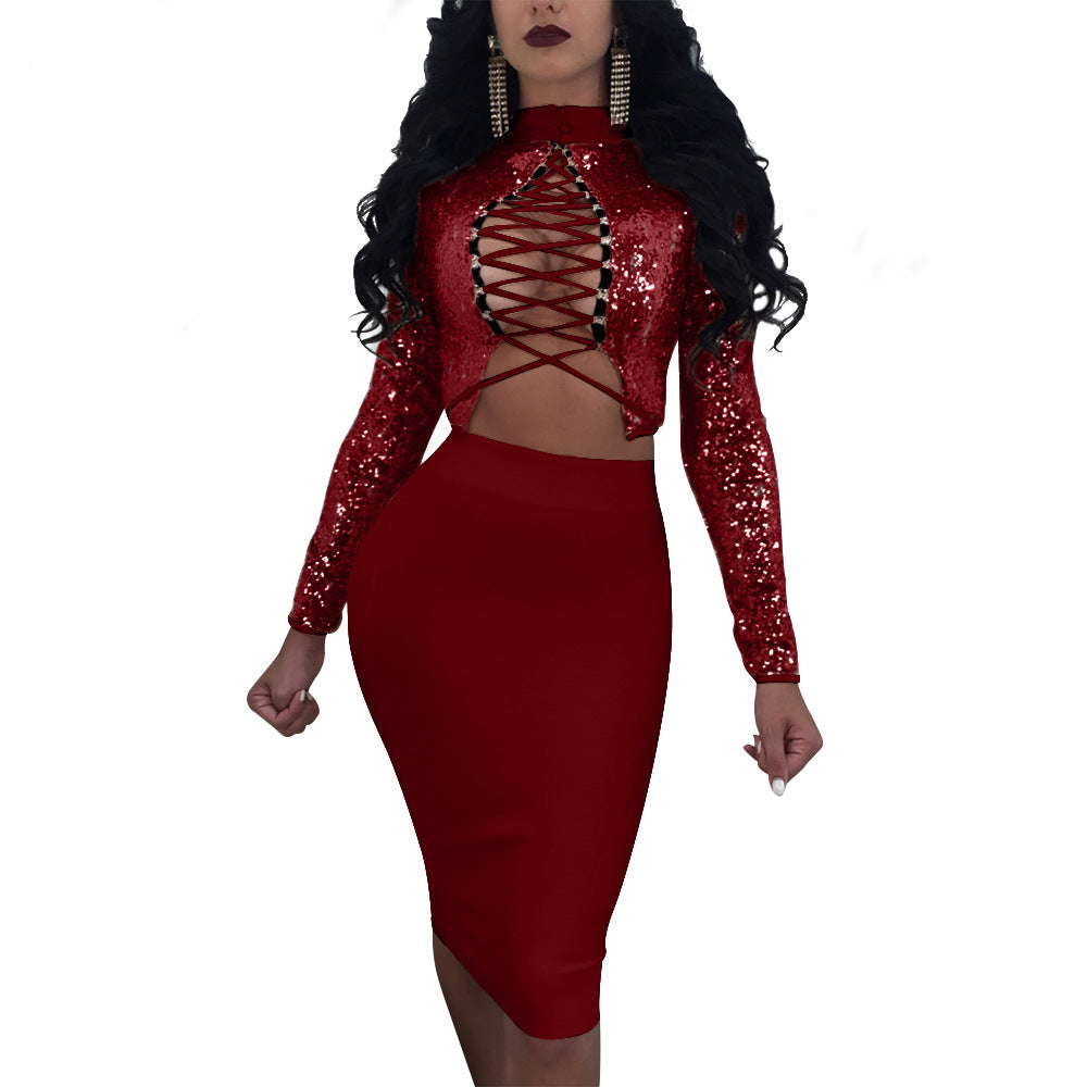 Sequins High Neck Lace Up Crop Top with Bodycon Knee-length Skirt Dress Set