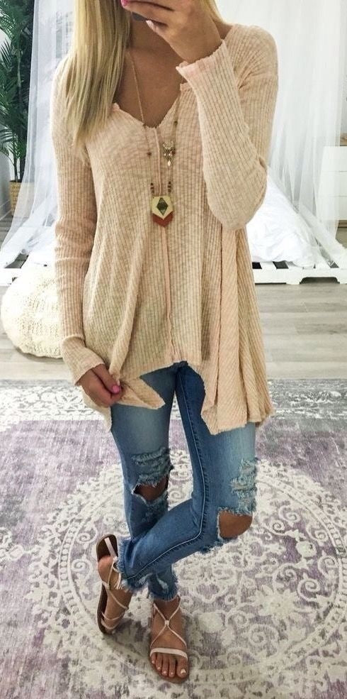 Deep V-neck Irregular Loose Solid Color Women Loose Sweater