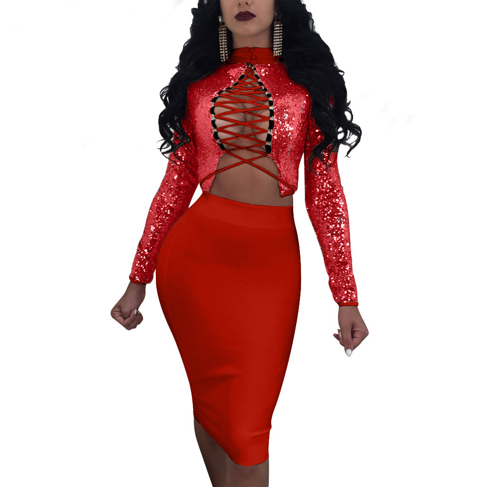 Sequins High Neck Lace Up Crop Top with Bodycon Knee-length Skirt Dress Set