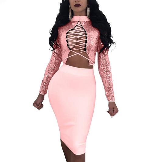 Sequins High Neck Lace Up Crop Top with Bodycon Knee-length Skirt Dress Set