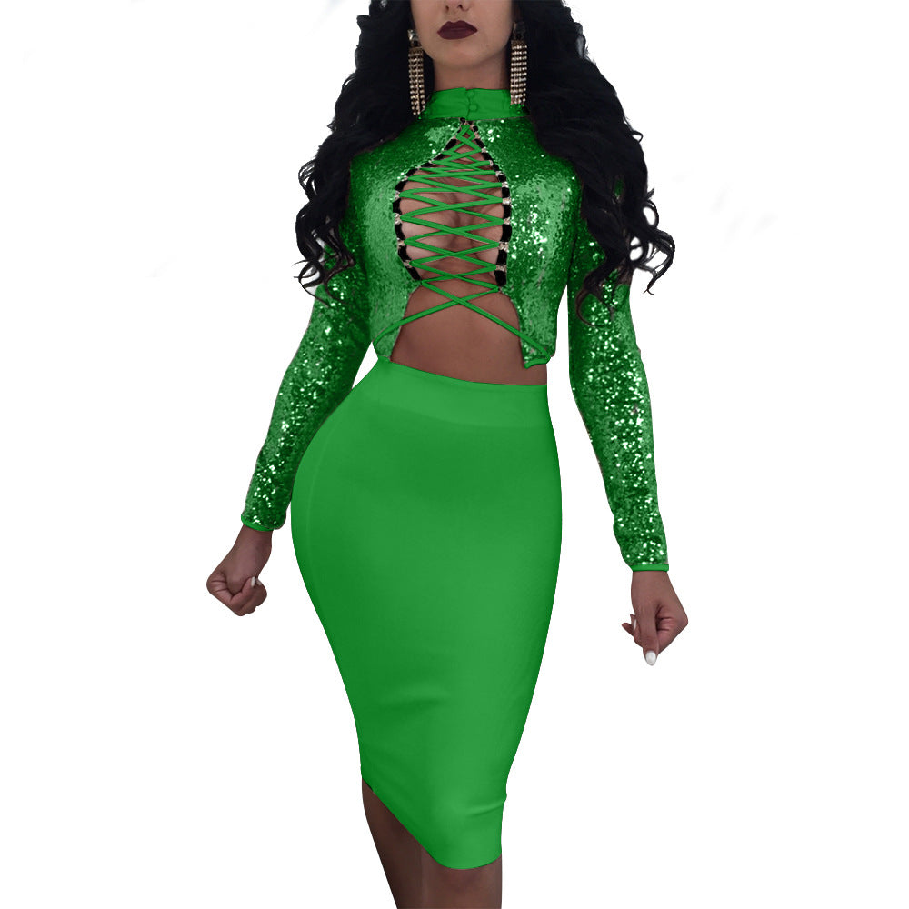 Sequins High Neck Lace Up Crop Top with Bodycon Knee-length Skirt Dress Set