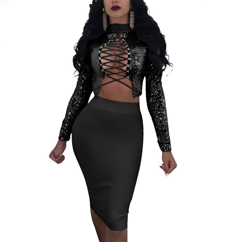 Sequins High Neck Lace Up Crop Top with Bodycon Knee-length Skirt Dress Set