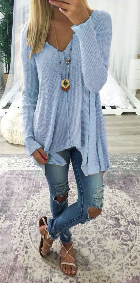 Deep V-neck Irregular Loose Solid Color Women Loose Sweater