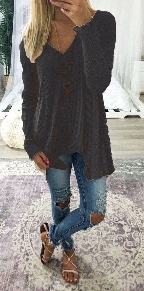 Deep V-neck Irregular Loose Solid Color Women Loose Sweater