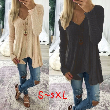 Deep V-neck Irregular Loose Solid Color Women Loose Sweater