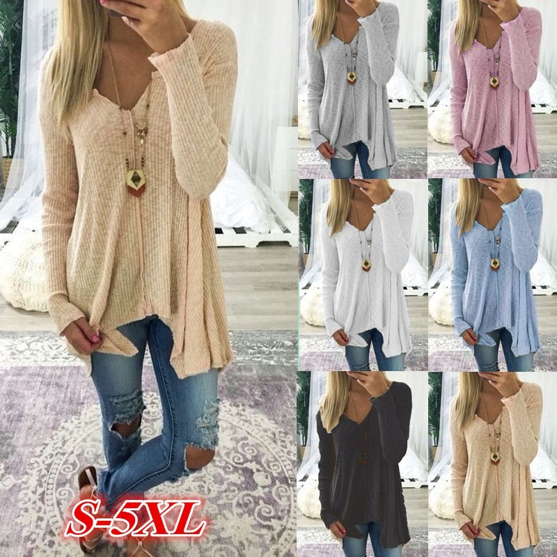 Deep V-neck Irregular Loose Solid Color Women Loose Sweater