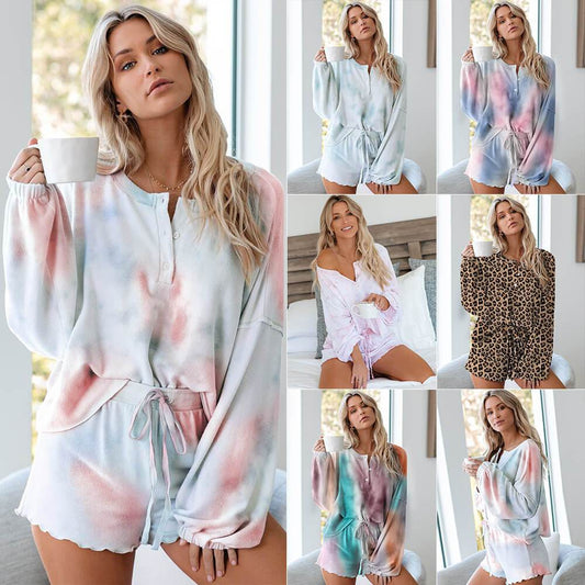 Pajamas Tie Dye Loose High Waist Long Sleeve Strap Two Pieces Set