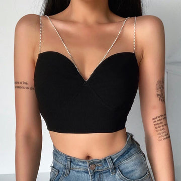 Sexy Black Spaghetti Strap Cropped Tank Top 