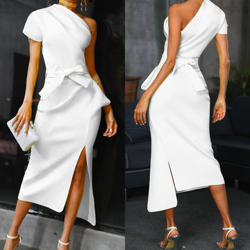 One Sleeve Tie Waist Slits Midi Dress