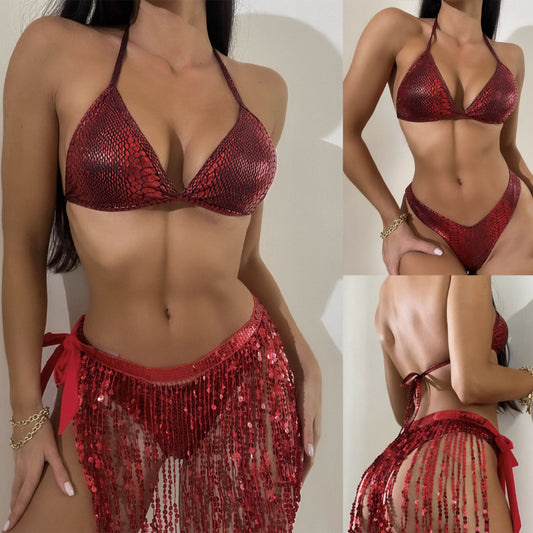 2023 European and American Fringed Glitter Three-Piece Swimwear