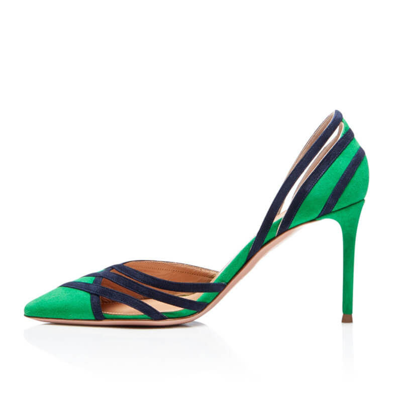 Green Suede Point Toe Stripes Pumps