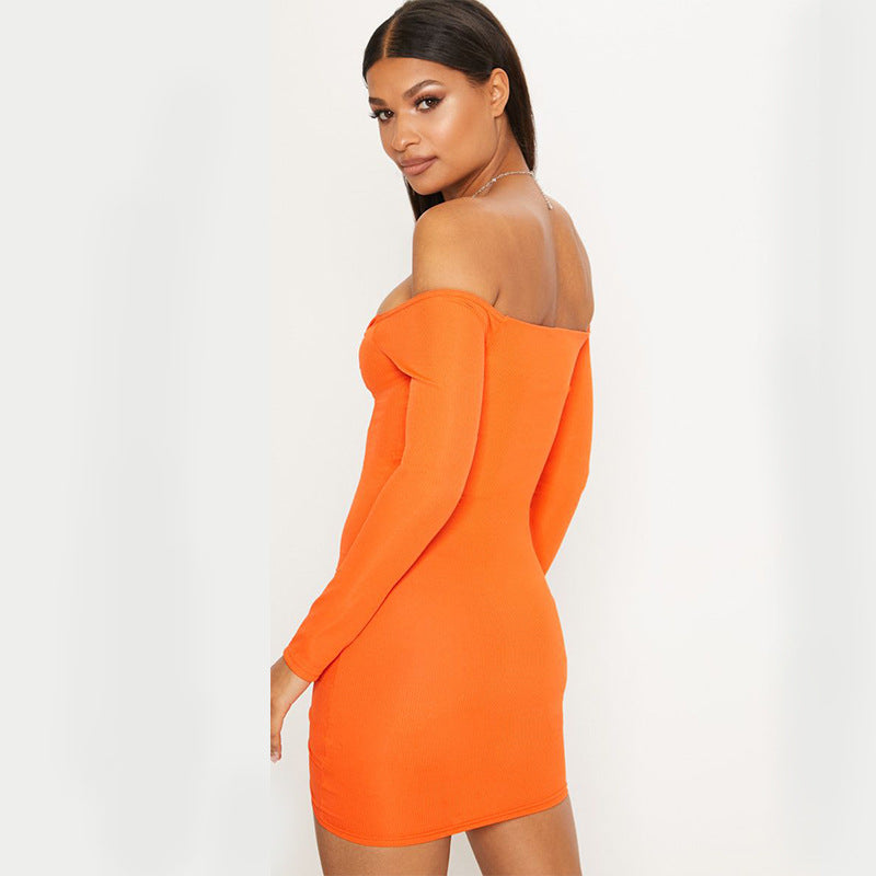 Off Shoulder Long Sleeve Bodycon Plain Dress