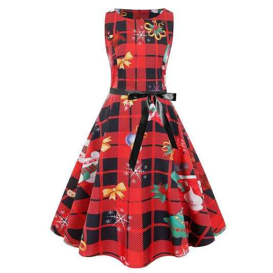 Retro Christmas Sleeveless Plaid Belt Dress