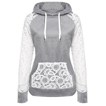 Lace Patchwork Drawstring Pocket Slim Hoodie