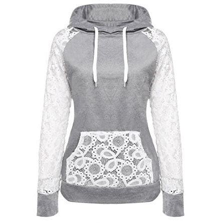 Lace Patchwork Drawstring Pocket Slim Hoodie