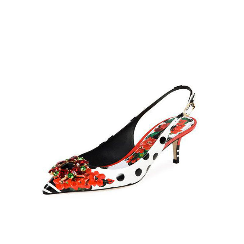 White Flower Print Rhinestone Pointed Toe Pumps