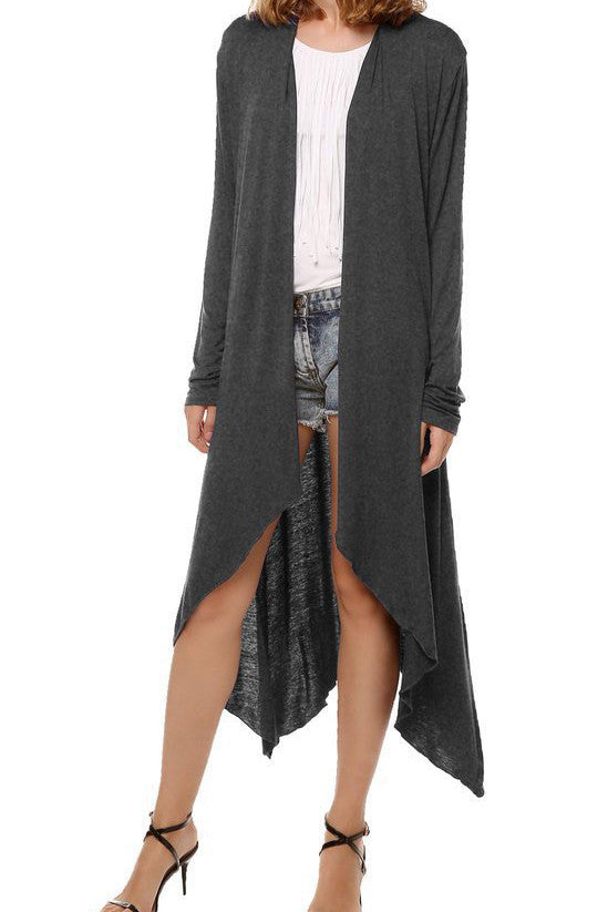 Pure Color Irregular Long Sleeves Scoop Long Cardigan