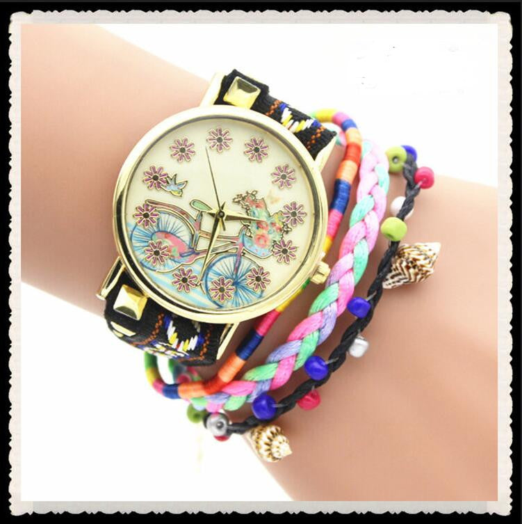 Personality Bike Print Woven Bracelet Watch