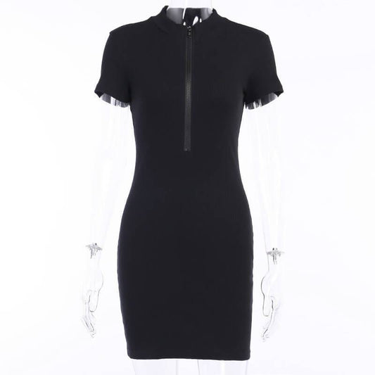 Half Zipper Mock Neck Ribbed Short Dress