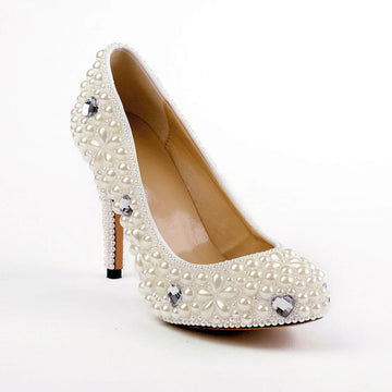 White Round Toe  Glitter Rhinestone Pumps