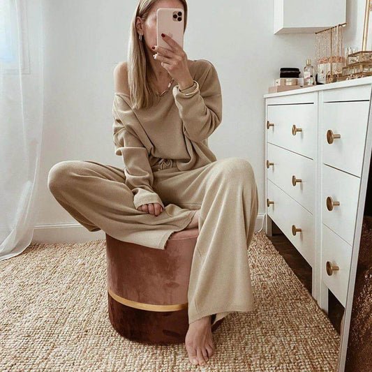 Casual Khaki Loose High Waist Long Sleeve Wide Leg Two Pieces Set