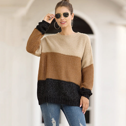 Round Neck Stripe Loose Long Sleeve Women Sweater