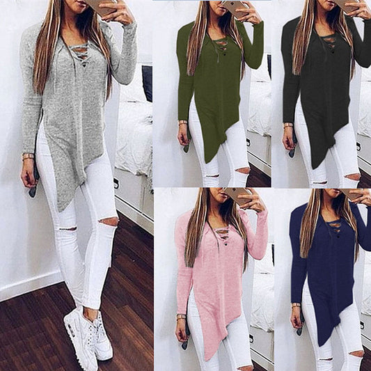 Irregular V-neck Pure Color Long Sleeves Long Blouse