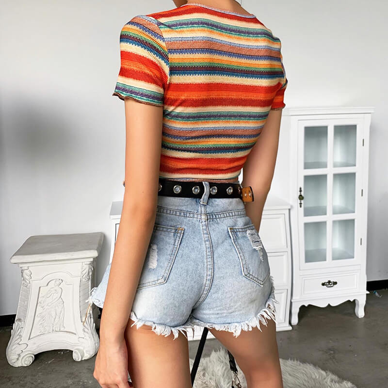 Summer Stripes Short Sleeve V Neck Cropped T-Shirts