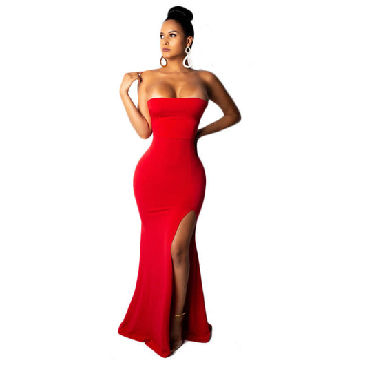 Strapless Slit Backless Bandage Bodycon Ruffle Maxi Dress