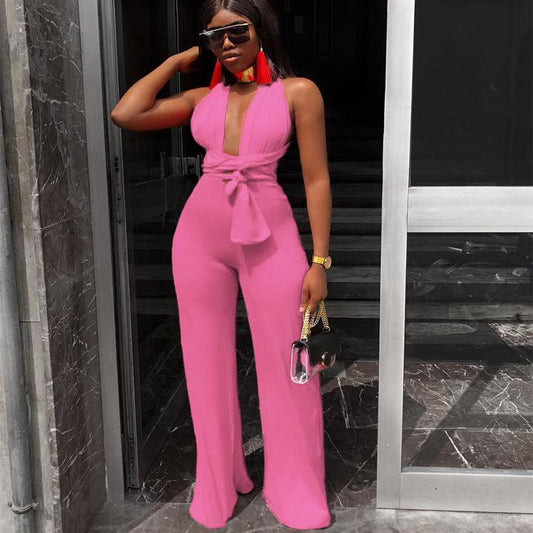 Bandage V-neck Wide Leg Jumpsuits