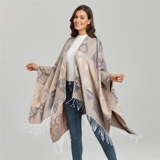 Tassel Slit Shawl Cape Double Sided Imitation Cashmere Thickened Large Warm Cape