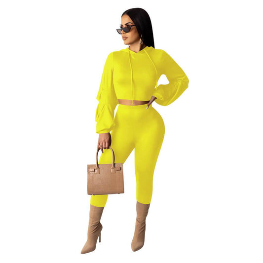Hooded Crop Top High Waist Skinny Pants Set