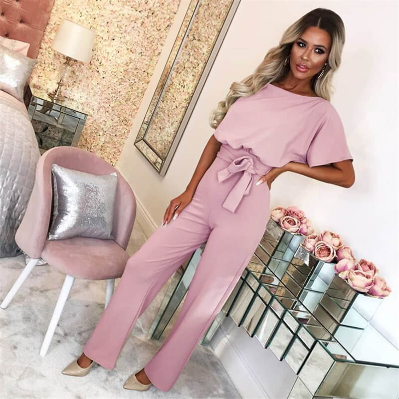 Short Sleeves Belt Wide Leg Jumpsuit