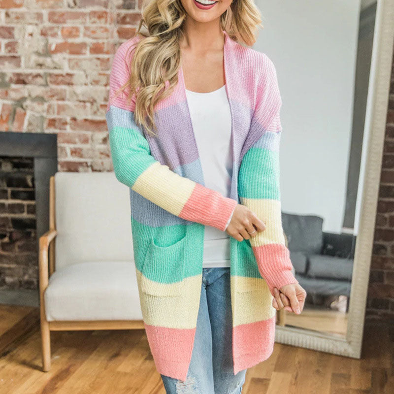 Pockets Colorblock Rainbow Knit Cardigan