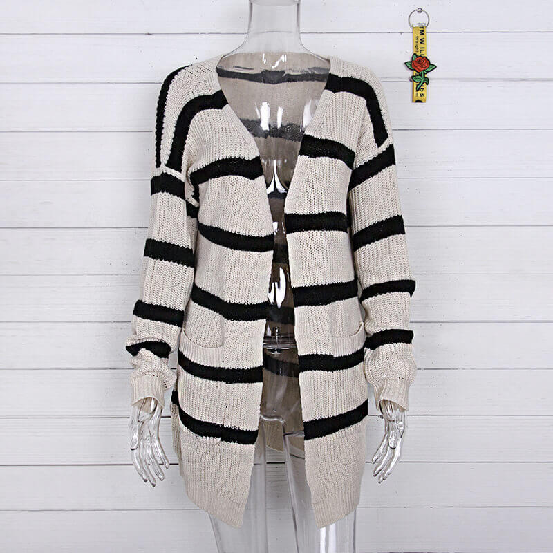 Knitted V Neck Striped Long Cardigan