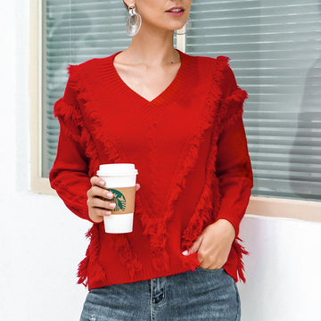 V Neck Tassel Knit Christmas Sweater