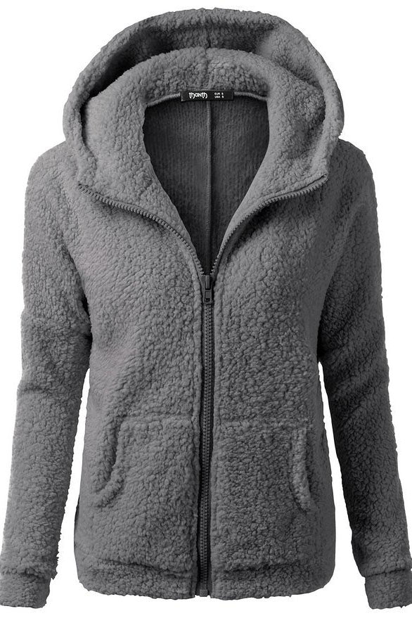 Zipper Pockets Solid Color Hooded Hoodie Coat