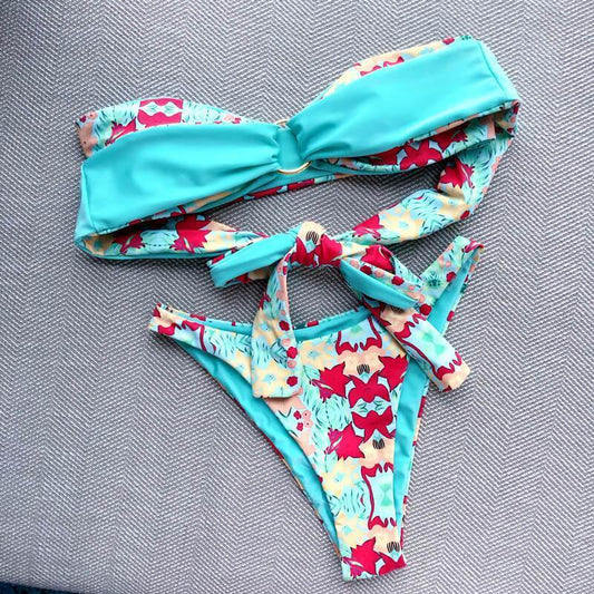 Print Bandeau Mid Rise Thong Bottom Tube Bikinis