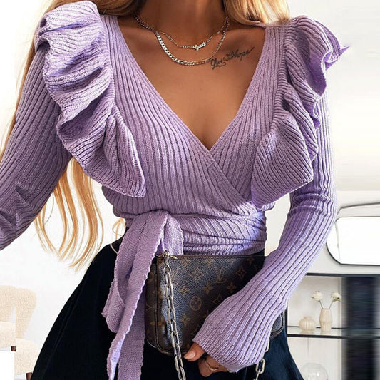 Deep V Neck Tie Waist Crop Sweater