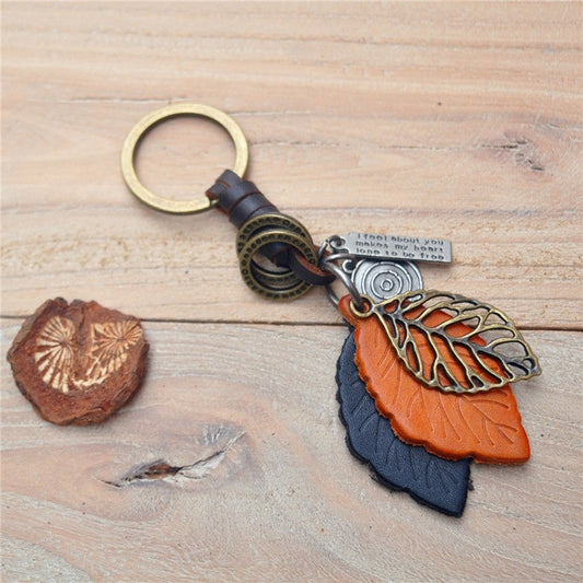 Cowhide Leather Leaves Key Chain