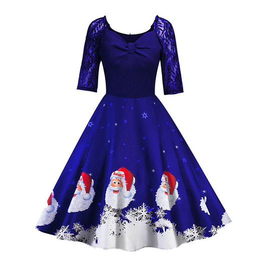 Retro Christmas Print Bow Decoration Dress