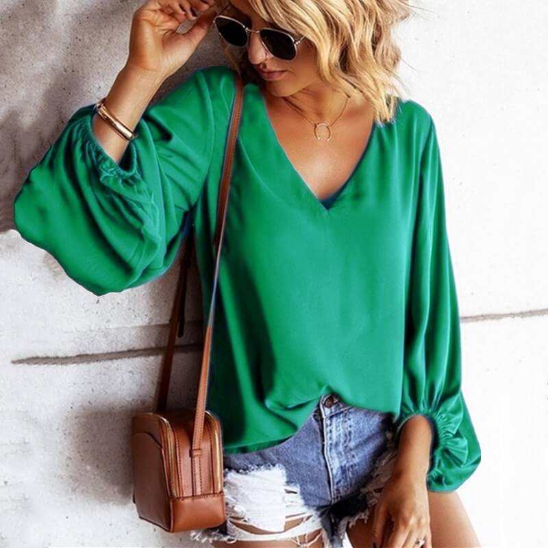 Lantern Sleeves Loose V-neck T-shirt