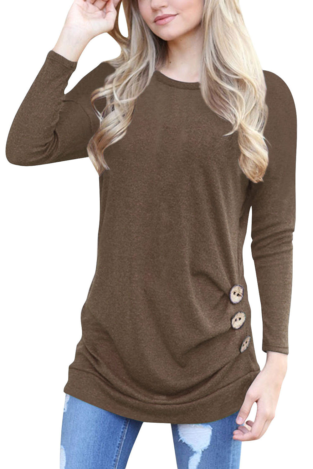 Candy Color Round Neck Long Sleeves Button T-shirt