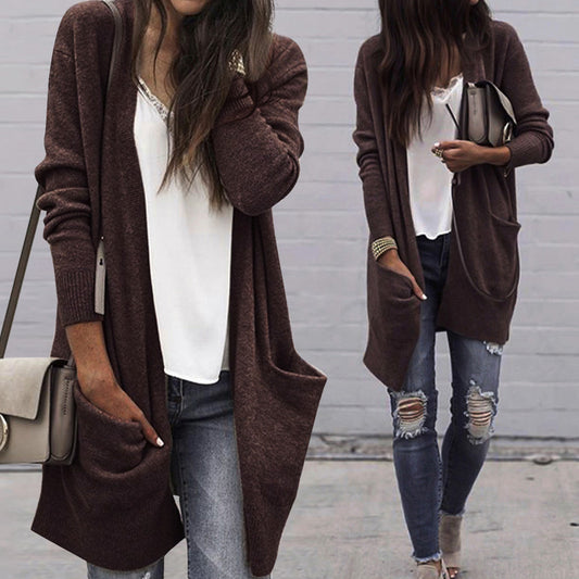 Long Loose Full Sleeve Big Pockets Open Long Coat