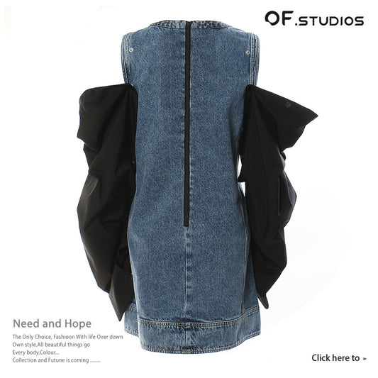 Round Neck Denim Patchwork Contrast Piled Sleeves Dress