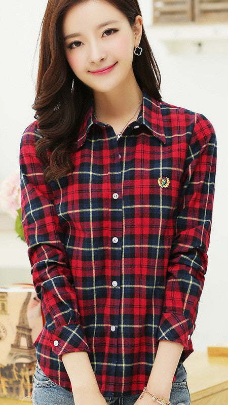 Plaid Turn-down Collar Flower Print Long Sleeves Slim Button Blouse