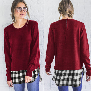 Plaid Scoop Patchwork Long Sleeves Loose Long Blouse