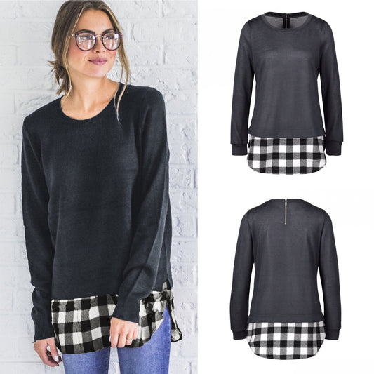 Plaid Scoop Patchwork Long Sleeves Loose Long Blouse