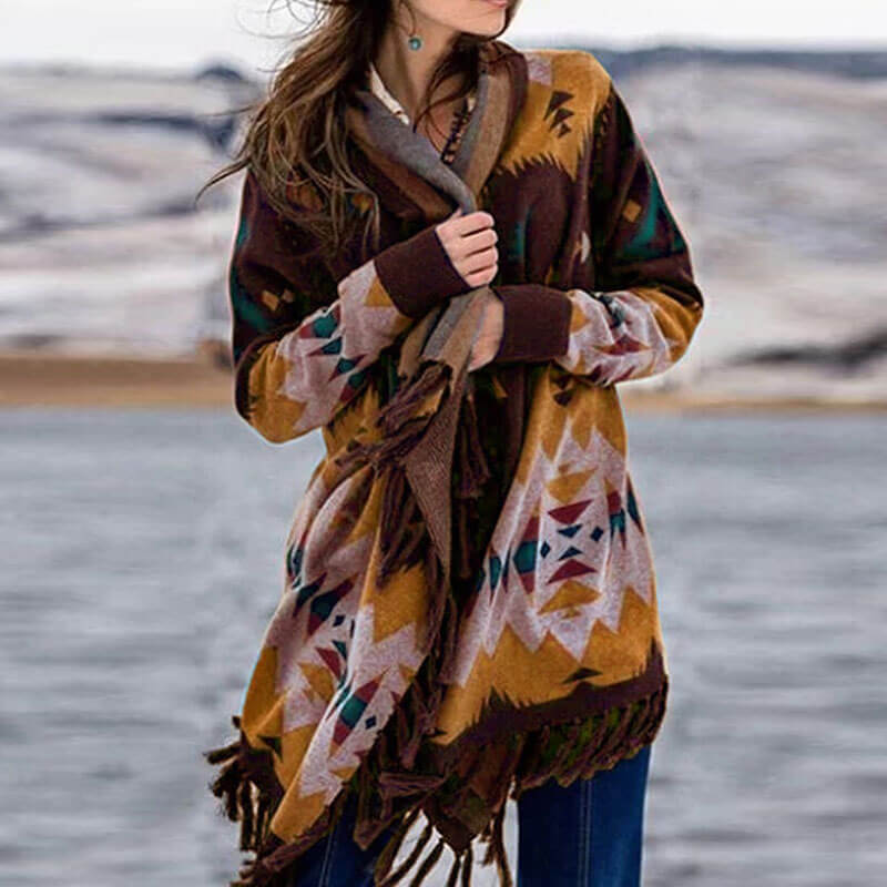 Geometric Pattern Fringe Shawl Cardigan